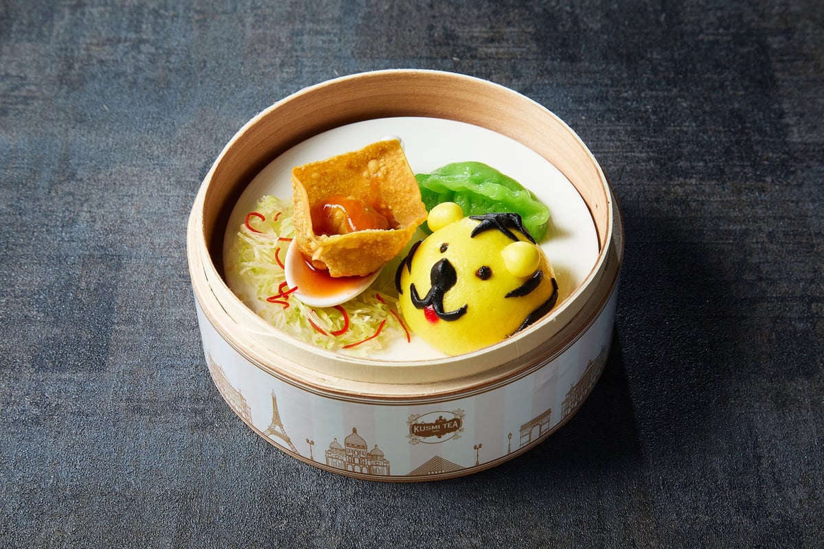 Tiger Face Shrimp Bun with a fragrant 'Chai of the Tiger' (right)