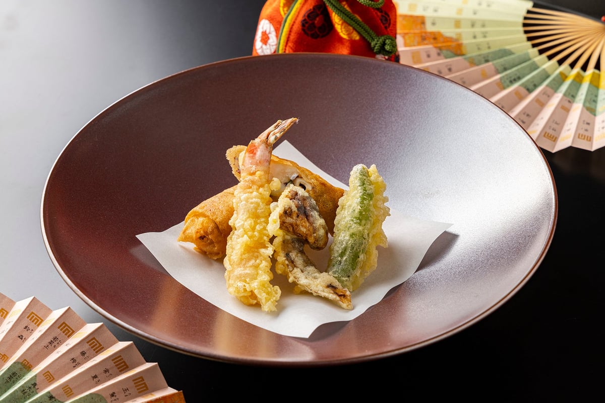 Matsutake, Kuruma Ebi, and Green Togarashi Tempura