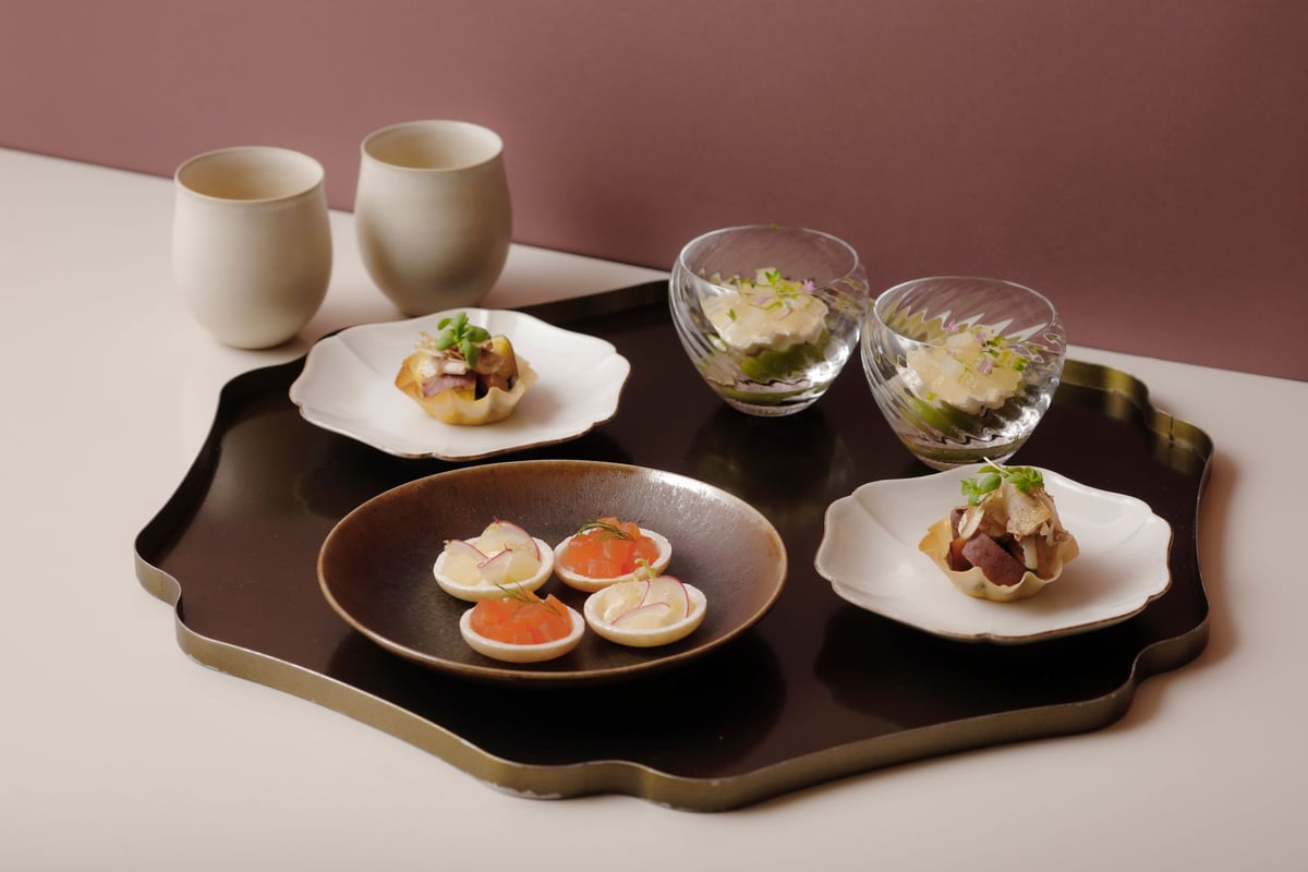 Assorted Savories: ■Mushroom and Annou Imo (Sweet Potato) Quiche ■Autumn Eggplant Presé with Sudachi Jelly ■Smoked Scallop with Pear and Fennel - Nihon no Nukumori, Shiga
