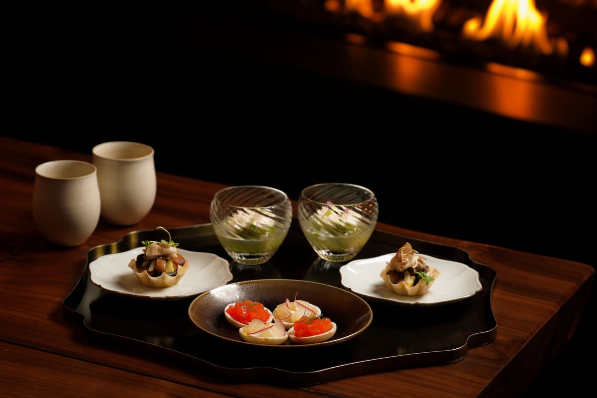Assorted Savories: ■Mushroom and Annou Imo (Sweet Potato) Quiche ■Autumn Eggplant Presé with Sudachi Jelly ■Smoked Scallop with Pear and Fennel - Nihon no Nukumori, Shiga