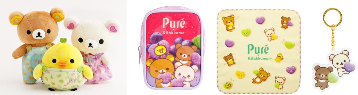 San-X's Rilakkuma and Korilakkuma plush toys are each ¥3,960 (tax included). The Kiiroitori plush is ¥3,740 (tax included). Hanging plush toys are ¥3,080 (tax included). The block memo is ¥715 (tax included). The clear folder set, which includes two A4-sized sheets, is ¥880 (tax included). Mini towels are ¥880 (tax included), and drawstring bags are also ¥880 (tax included). Towels and drawstring bags are each ¥880 (tax included). Acrylic keychains are ¥935 (tax included), and hair clips are ¥880 (tax included). The clear heart window pouch costs ¥2,640 (tax included), and the tote bag is ¥3,520 (tax included).