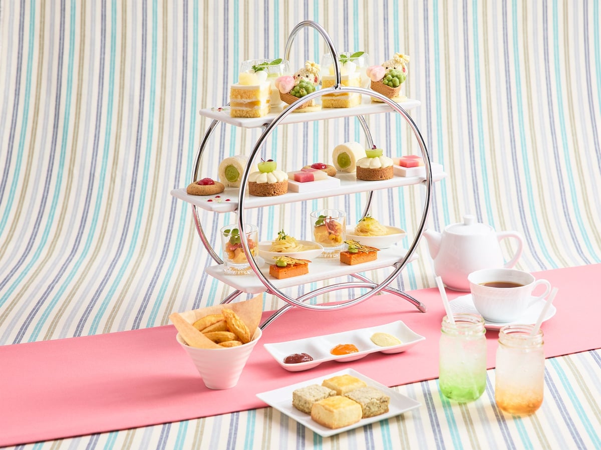 Summer Fruits Afternoon Tea - July Shine Muscat and Peach Afternoon Tea. The photo shows a set for two people.