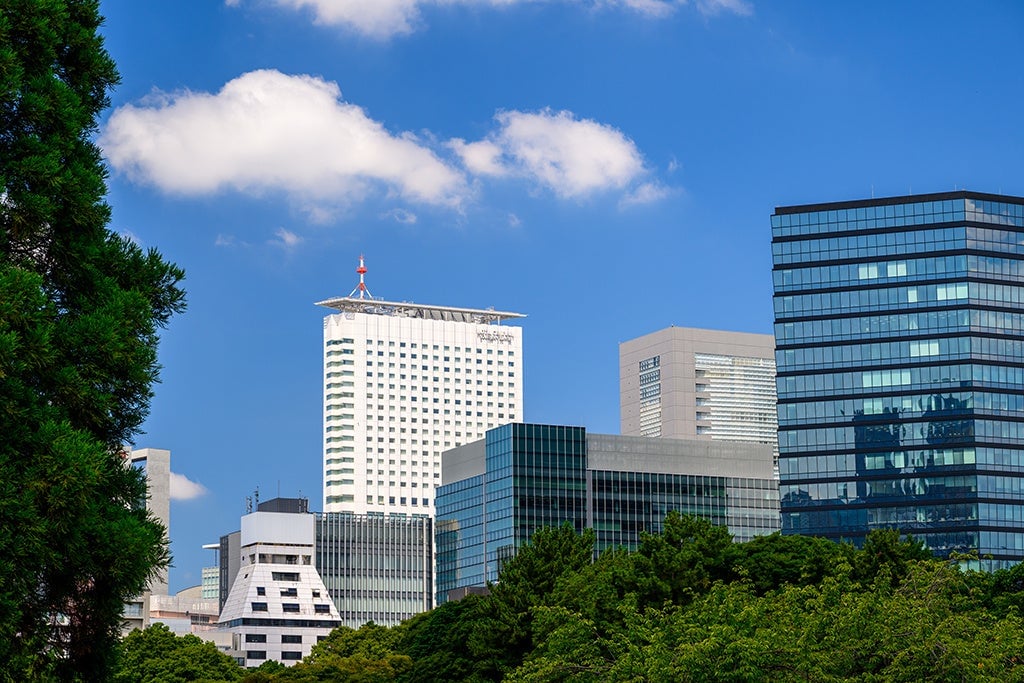 Hotel exterior view from Shinjuku Gyoen (white building)