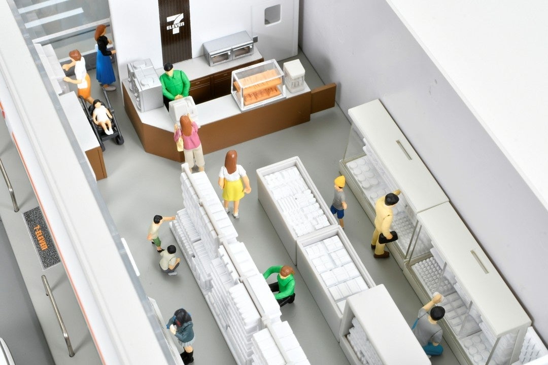 The store's product shelves are also recreated in 1/64 scale.