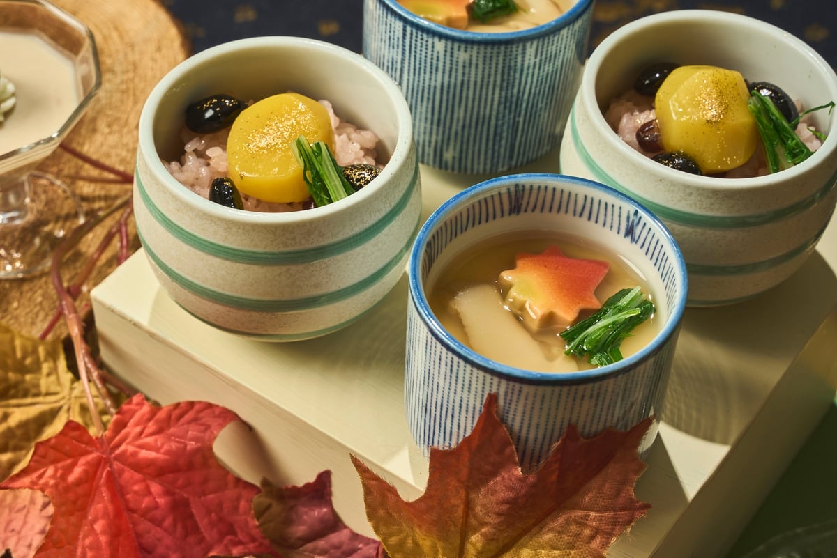 Luxurious autumn ingredients include chestnut and black bean steamed red rice (left) and matsutake mushroom chawanmushi (right)