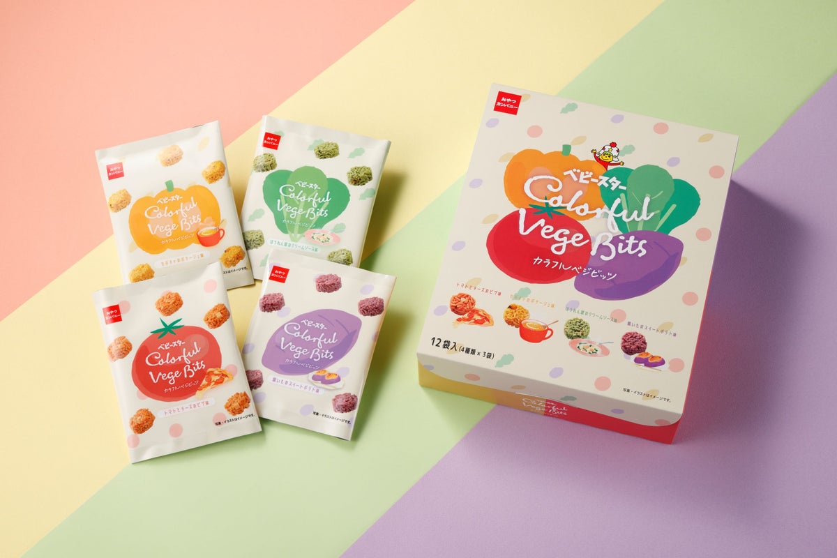 The Baby Star Colorful Veg Bits 4-Flavor Assortment contains 240g (12 packs of 20g each) and is priced at ¥1,300 (tax included). This set includes three bags of each of the four colorful vegetable-flavored noodle bits, perfect for a Tokyo souvenir or a treat for yourself. The vibrant, bite-sized bits are made with colorful vegetables, offering four delicious flavors in one colorful package.