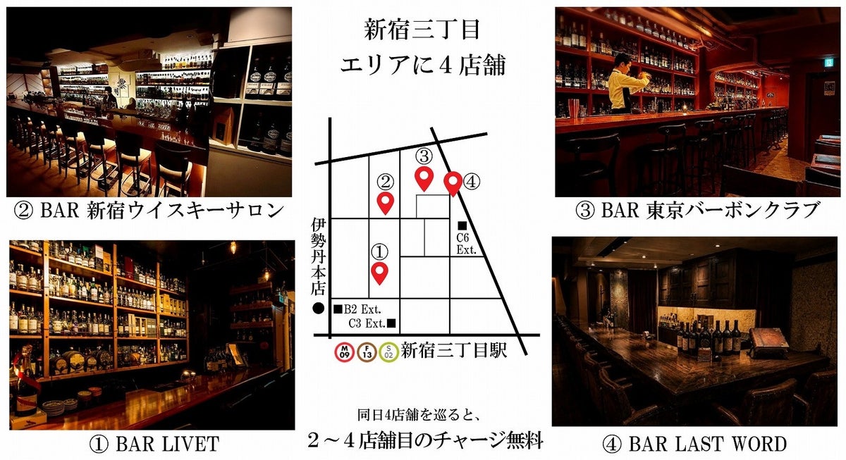 Directly operated stores by Royal Mile Co., Ltd.: BAR LIVET, BAR Shinjuku Whiskey Salon, BAR Tokyo Bourbon Club, and BAR LAST WORD