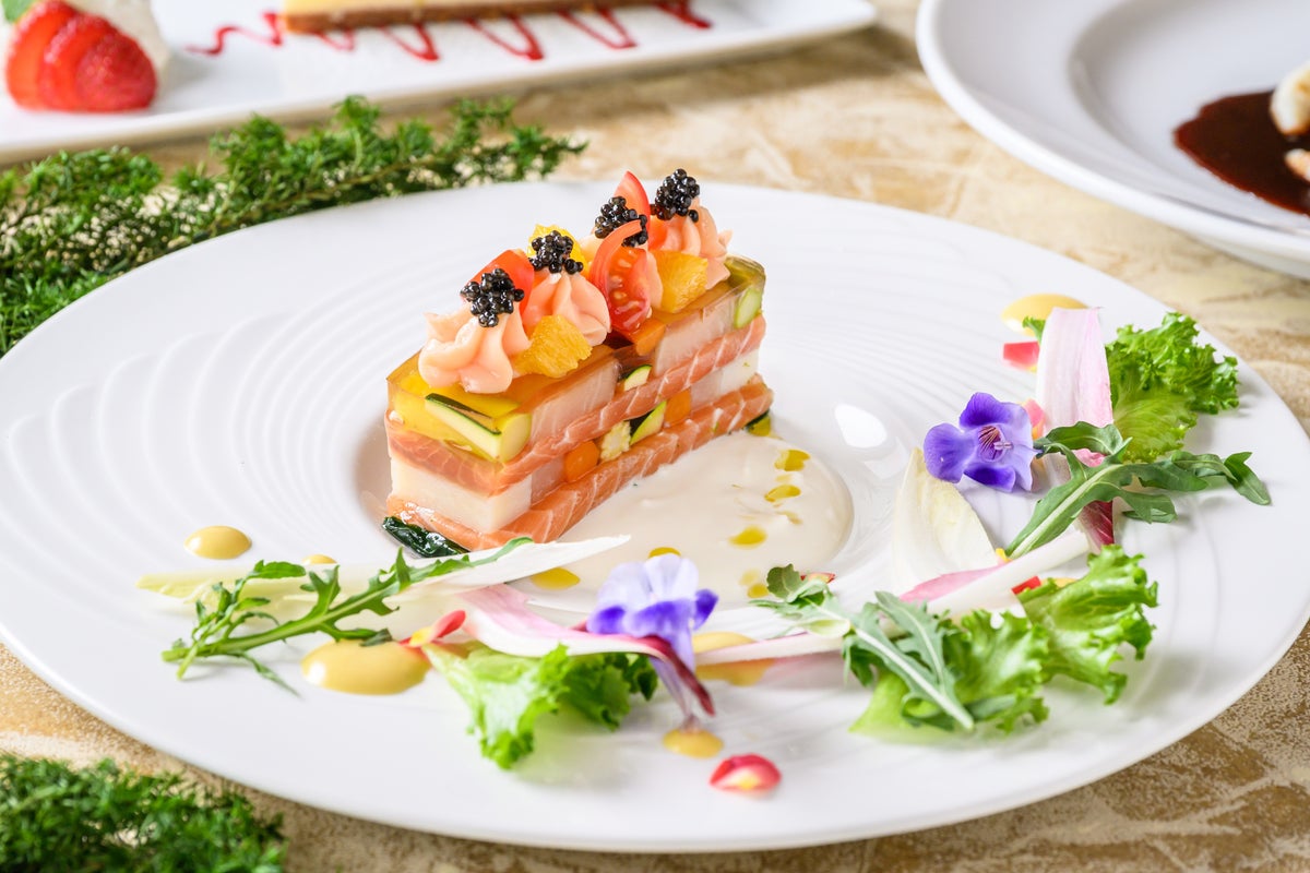 Salmon and vegetable mille-feuille with caviar