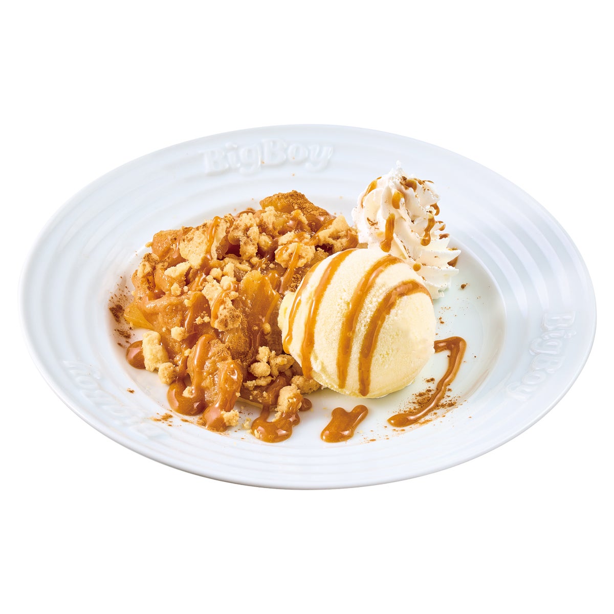 Apple Cobbler — ¥490 (tax included ¥539). This dish is a Big Boy-style twist on the traditional American dessert 'cobbler.' It features a crispy pie crust topped with apple syrup simmered apples and cinnamon-scented custard, served with vanilla ice cream and whipped cream. Caramel sauce, crumble, and cinnamon powder are added as toppings. Enjoy the rich cinnamon aroma, the sweet and tart apple flavor, and the fruitiness to the fullest.