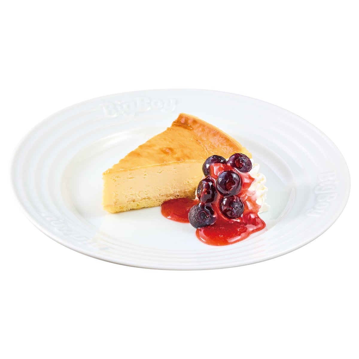 NY Cheesecake — ¥430 (tax included ¥473). A creamy NY-style cheesecake made with cream cheese, served with blueberry and strawberry sauces, and whipped cream. The moist texture and rich cheese flavor are complemented by the sweet and tart blueberry and strawberry sauces. Enjoy the crispy cookie crust at the bottom and the fruitiness of the blueberries.