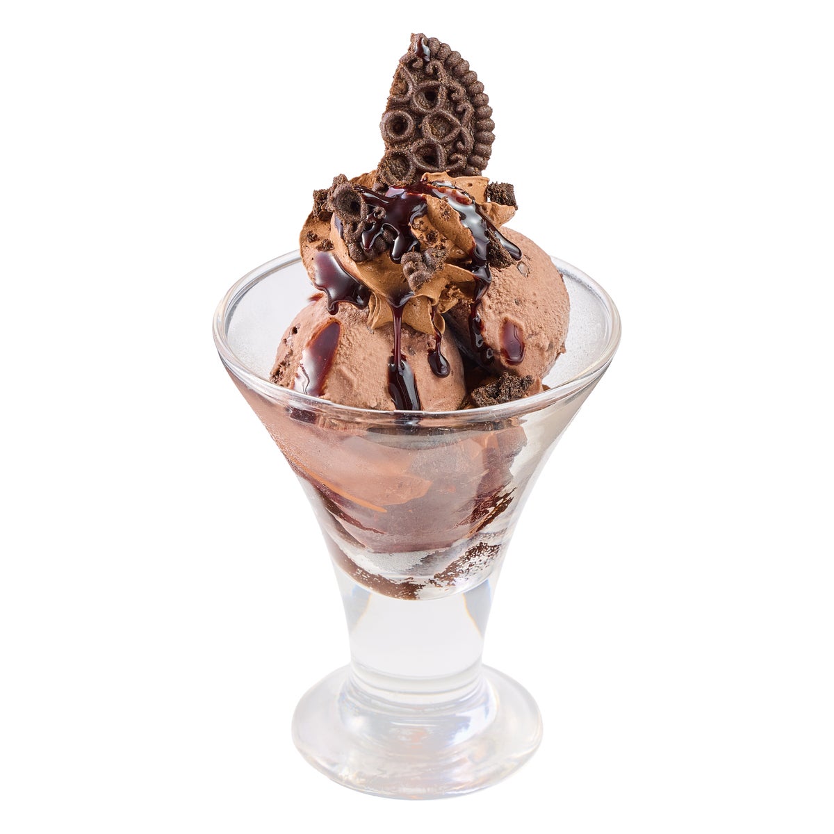 The Chocolate Only Parfait — ¥390 (tax included ¥429). A chocolate lover's parfait layered with brownies and Belgian chocolate ice cream, topped with chocolate whipped cream and chocolate sauce. The crunchy black cocoa biscuit adds texture. The rich chocolate flavor from various chocolates makes it irresistible for chocolate fans. It’s served in a size easy to enjoy after your meal.