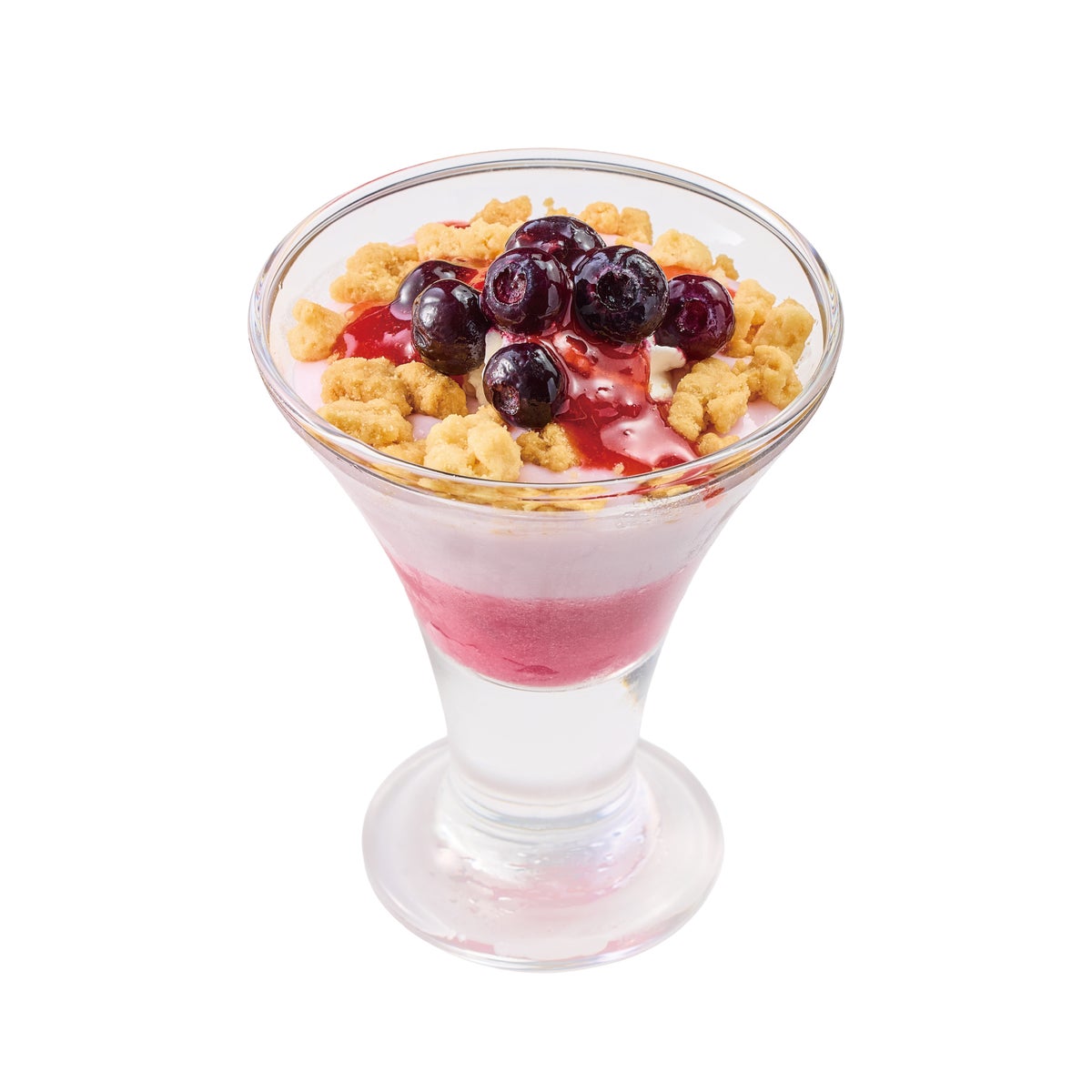 Four Berries Crumble Sundae — ¥350 (tax included ¥385). A sundae layered with berry ice cream and blueberry compote, topped with whipped cream, strawberry sauce, blueberries, and crumble. The blueberry compote offers a perfect balance of gentle acidity and sweetness. Enjoy the sweet and tart berry ice cream, the fruitiness of the blueberries, and the crunchy crumble for a delightful treat.
