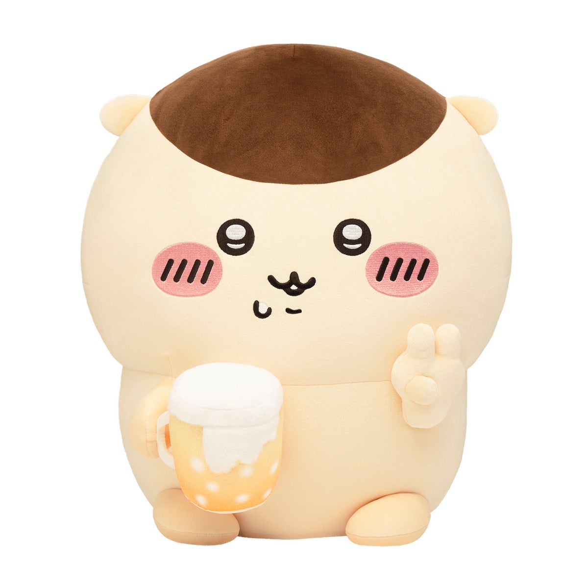 The giant kumimanju plush toy measures approximately H450×W380×D350mm and costs ¥1,100 (tax included). It features a cheerful expression with a slightly blushing cheek, holding a beer in one hand and flashing a peace sign. Hugging this plush allows you to enjoy a relaxing evening with kumimanju at home!