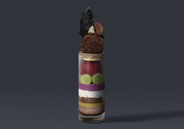 Enjoy the exquisite Parfait, Coffee, Sake, and Sato featuring the Chestnut and Cassis flavor layered with the aroma of Cocoa and Darjeeling, priced at ¥2,328 (tax included).