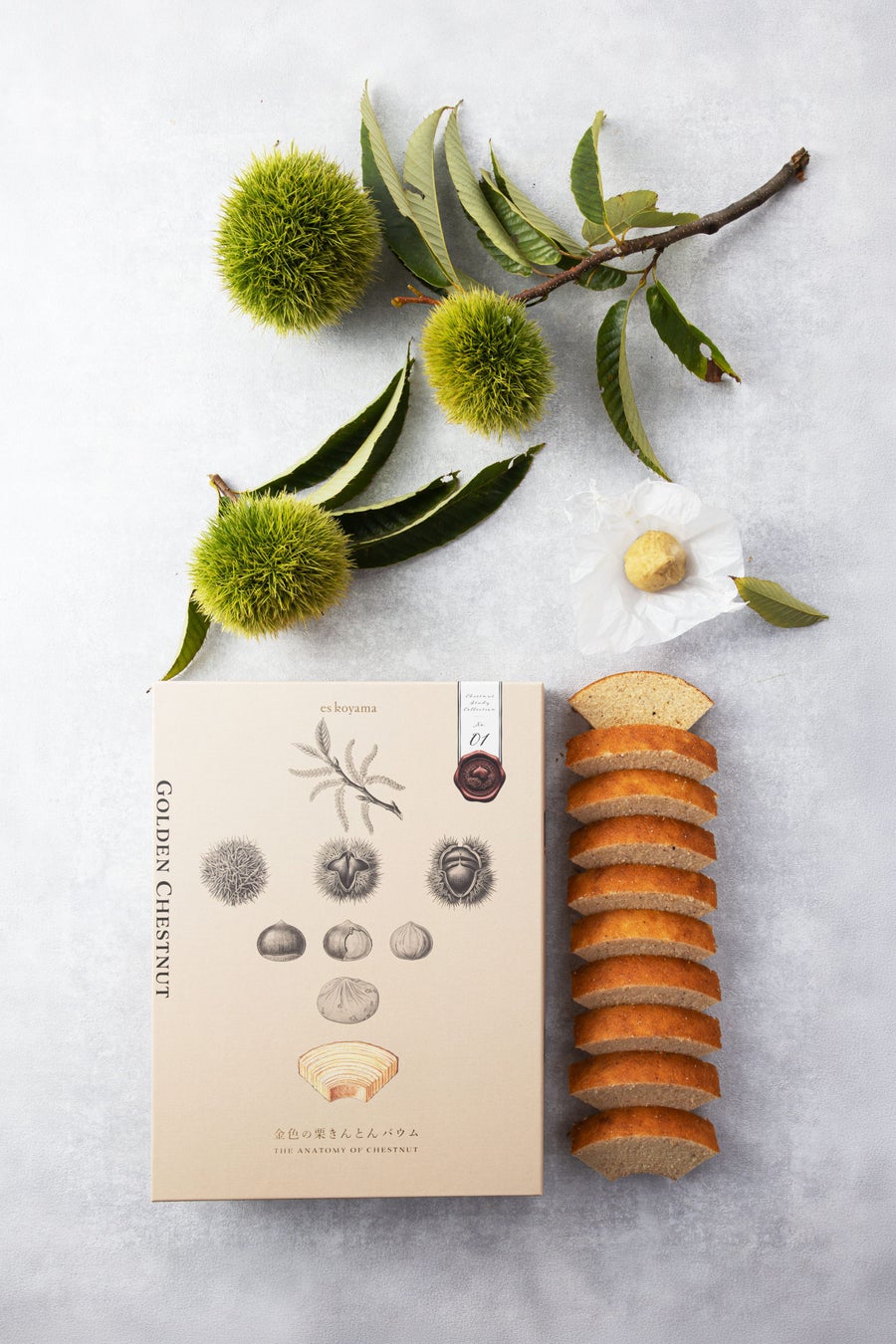 The packaging depicts the transformation of chestnuts into Kinton and then into Baumkuchen, illustrated like a specimen.