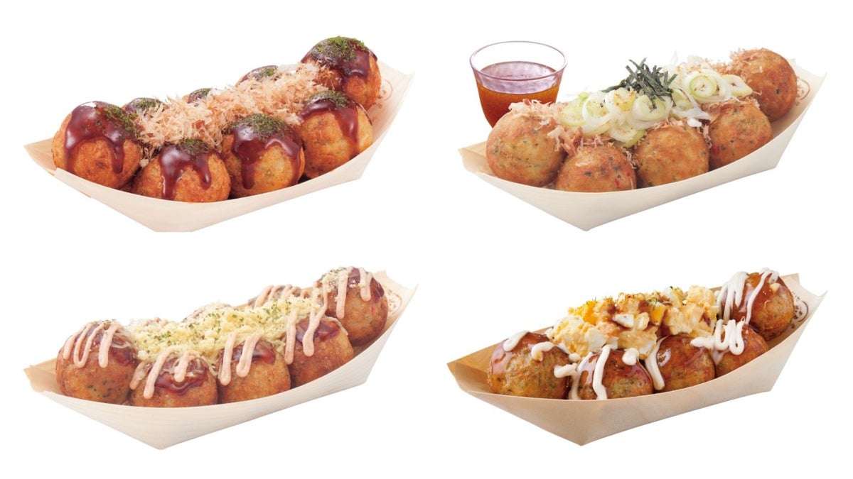 Top left: 'Zettai Umai!! Takoyaki', top right: 'Negi Tako', bottom left: 'Cheese Mentaiko', bottom right: 'Teritama' product images.