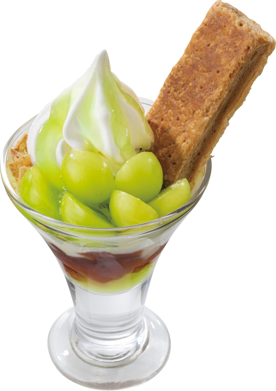 Enjoy the deliciousness of the Fresh Shine Muscat Sundae for ¥699 (tax included). It features tea pie, muscat sauce, soft serve ice cream, domestically sourced Shine Muscat grapes, tea pie flakes, yogurt, and tea jelly.