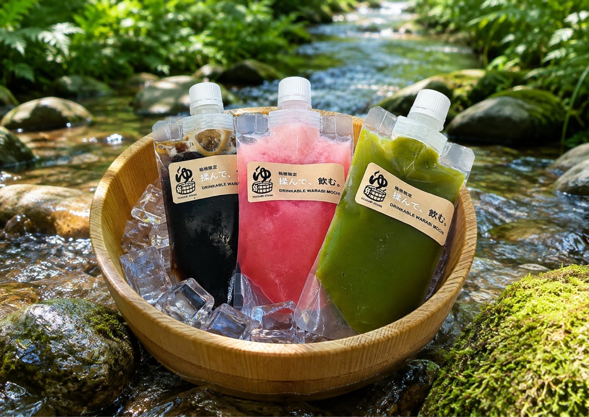 Drinking warabi mochi (coffee, strawberry, matcha)
