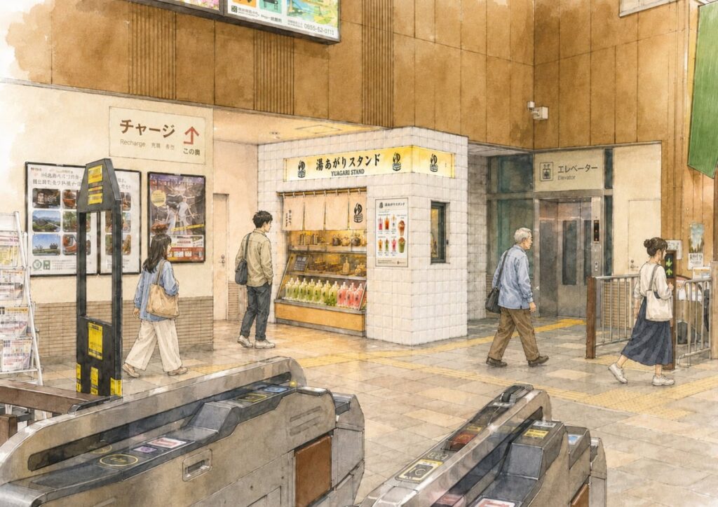 Yugawari Stand located inside Hakone-Yumoto Station ticket gate
