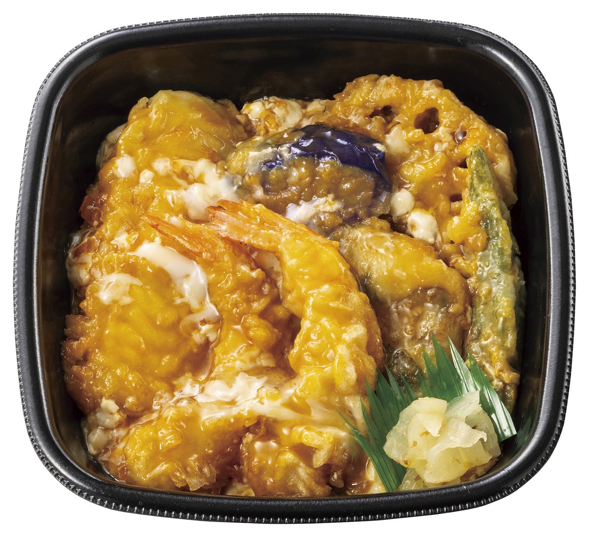 Seafood tempura and egg bowl with 2 shrimp, squid, flounder, and three kinds of vegetables — ¥695 (tax included ¥750)