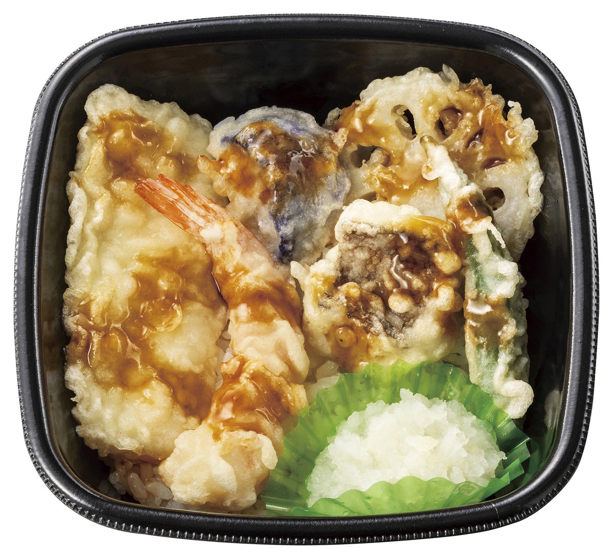 Oroshi special tempura donburi with shrimp, squid, flounder, and three kinds of vegetables — ¥602 (tax included ¥650)