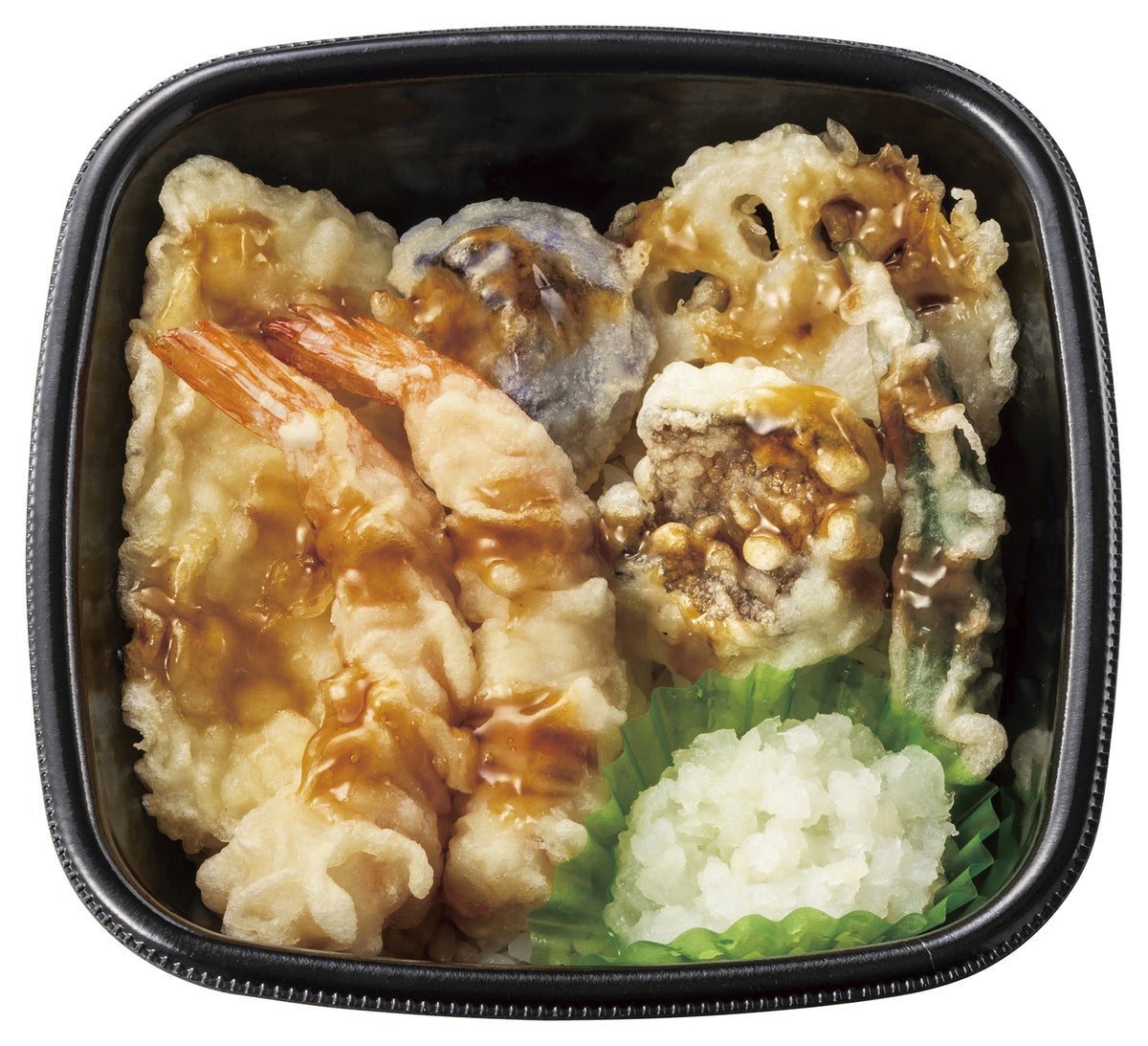 Oroshi seafood tempura donburi with 2 shrimp, squid, flounder, and three kinds of vegetables — ¥686 (tax included ¥740)