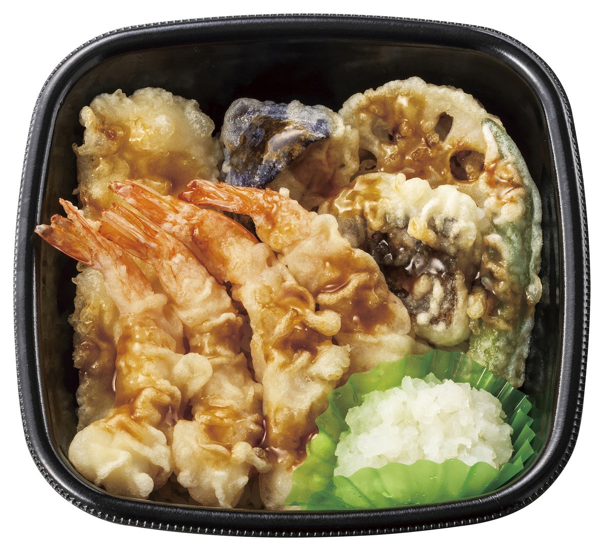 Oroshi premium seafood tempura donburi with 4 shrimp, squid, flounder, and three kinds of vegetables — ¥825 (tax included ¥890)