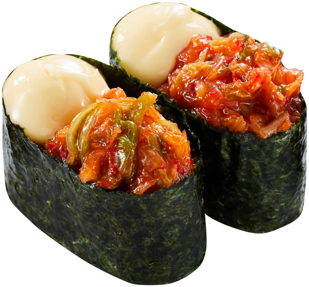 Lee Chao Yuan Chopped Kimchi Mayo Gunkan – 2 pieces – ¥100 (tax included ¥110). Gunkan with Lee Chao Yuan's napa cabbage kimchi mixed with mayonnaise, offering mild spiciness and richness.