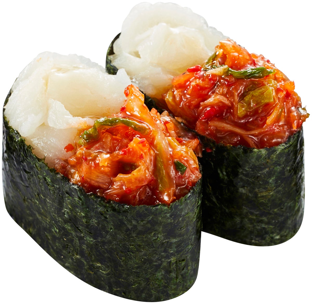 Lee Chao Yuan Sesame Oil Fragrant Kimchi Engawa Gunkan – 2 pieces – ¥173 (tax included ¥190). Gunkan with crunchy engawa and Lee Chao Yuan's napa cabbage kimchi, with a fragrant sesame oil aroma that stimulates appetite.