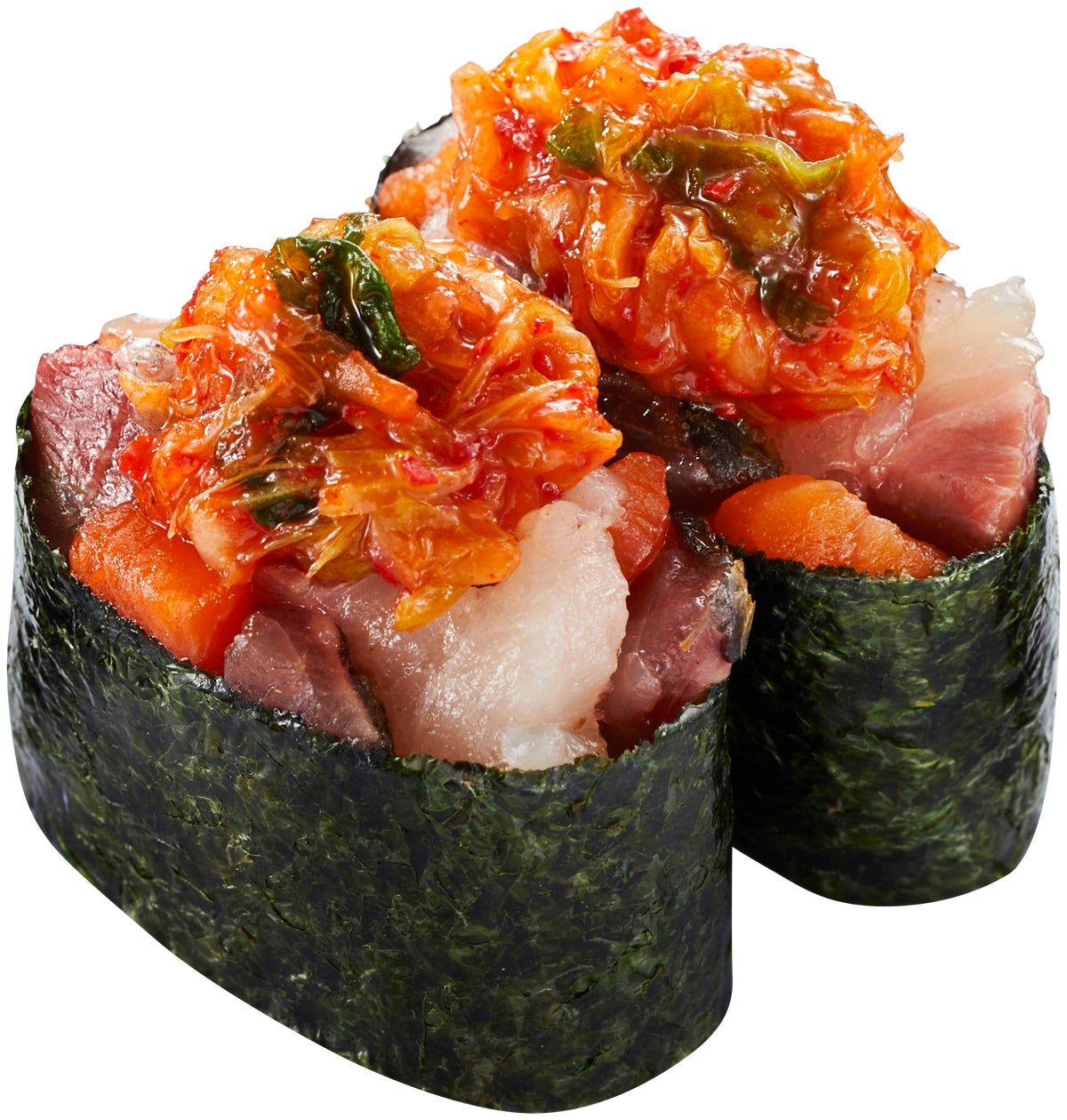 Lee Chao Yuan Kimchi Seafood Tataki Gunkan – 2 pieces – ¥173 (tax included ¥190). Gunkan combining seafood tataki with Lee Chao Yuan's napa cabbage kimchi, offering texture and spicy flavor.
