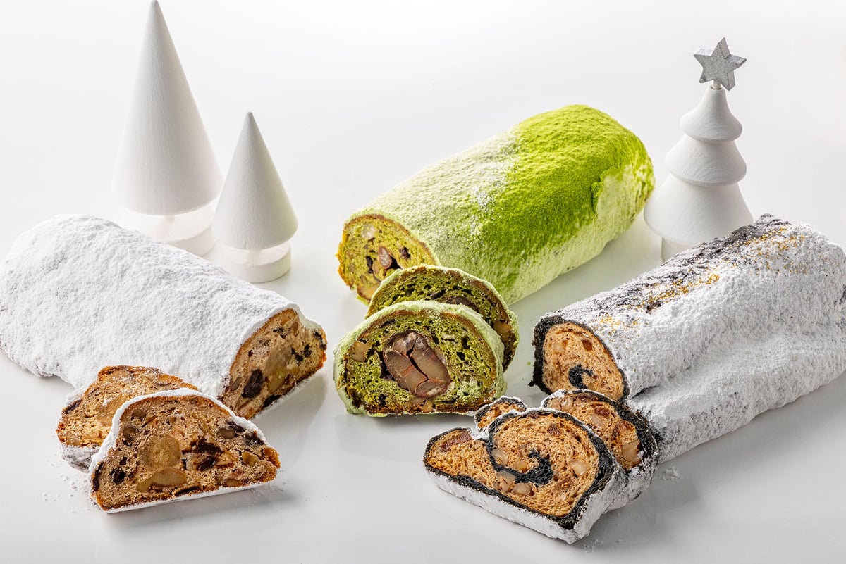 Stollen: Traditional (left), Matcha (center), Black Truffle (right)