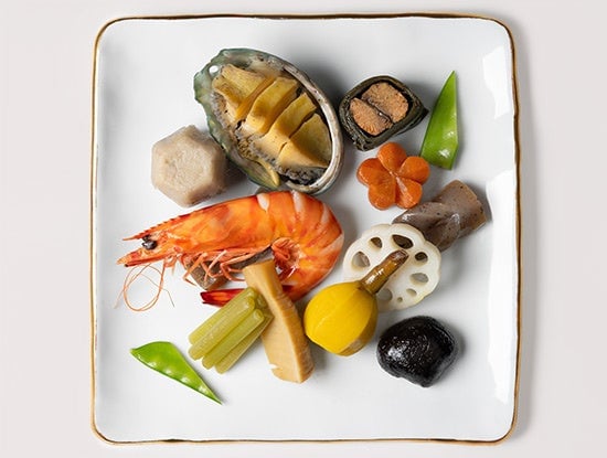 Traditional simmered dishes including abalone steamed with salt and Sakai potato