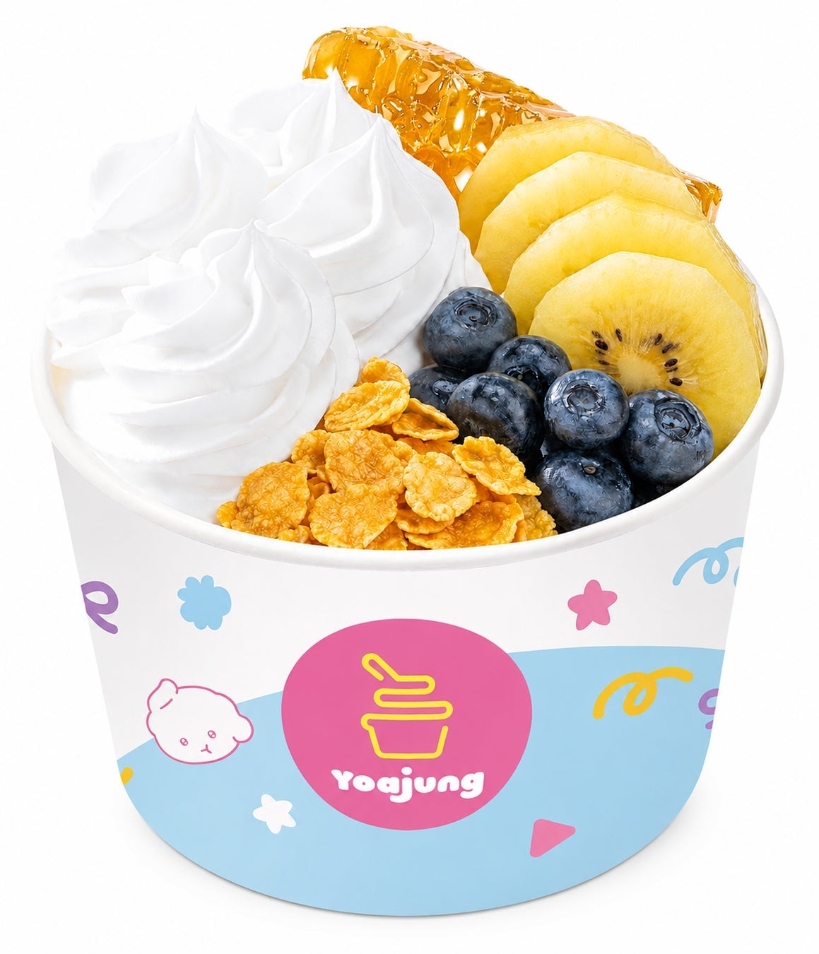 YOAJUNG Subin PICK features a refreshing flavor and light texture with gold kiwifruit, blueberries, honeycomb honey, and cornflakes.