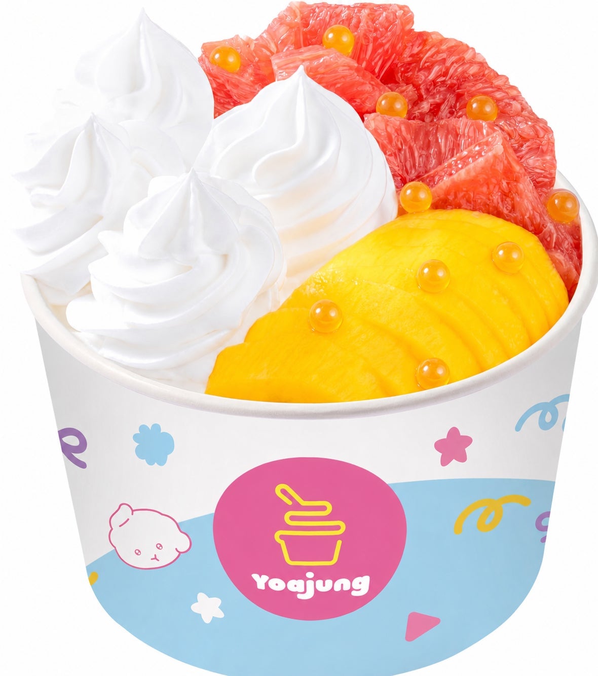 YOAJUNG Bomgyu PICK is a yongyeom-style dessert with mango and grapefruit, condensed milk, and popping boba mango, offering fruitiness and chewy texture.