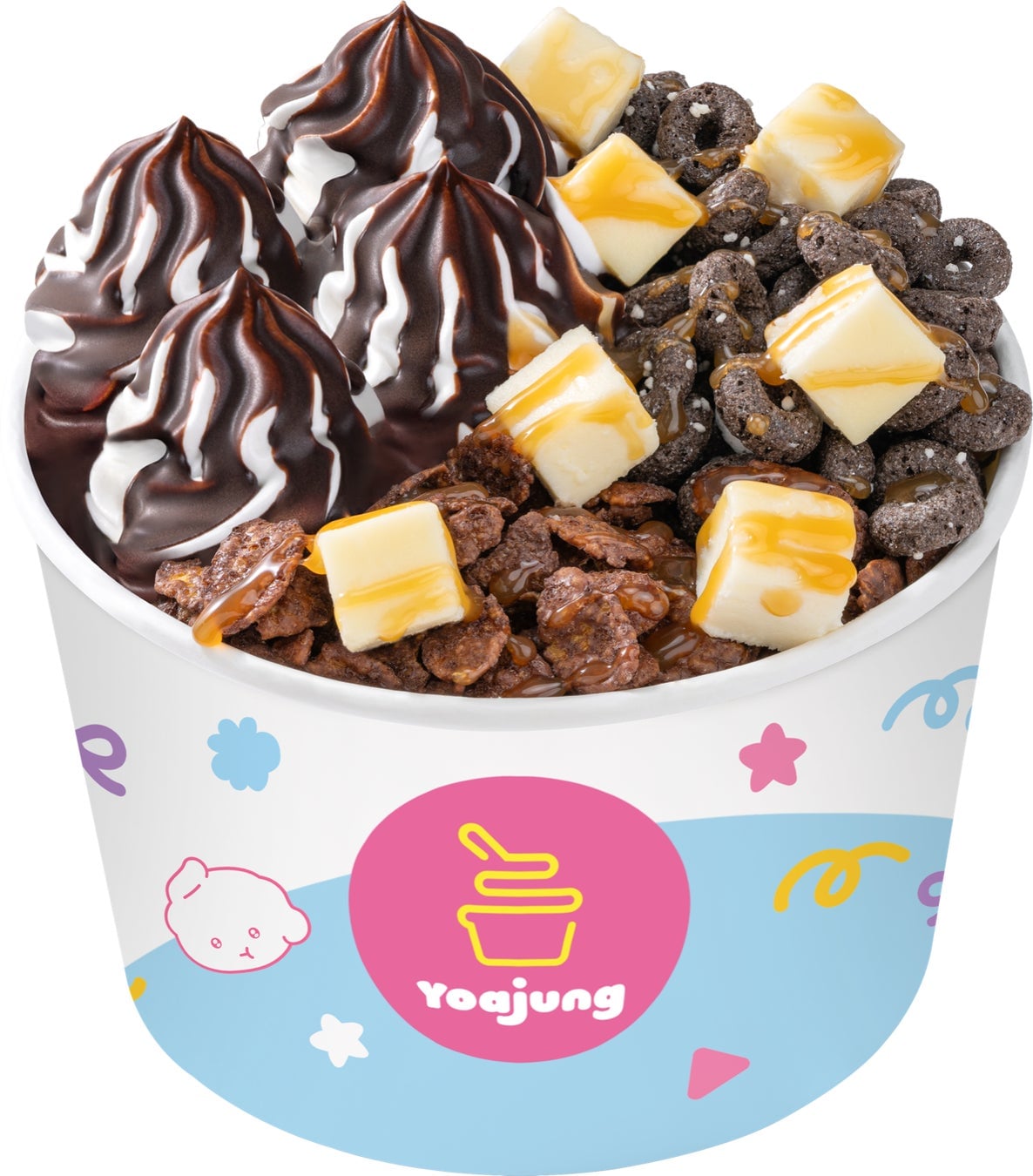 YOAJUNG Hyuninkai PICK is a premium menu with chocolate shell, dark cornflakes, Oreo, cube cheese, and caramel sauce, offering volume and richness.