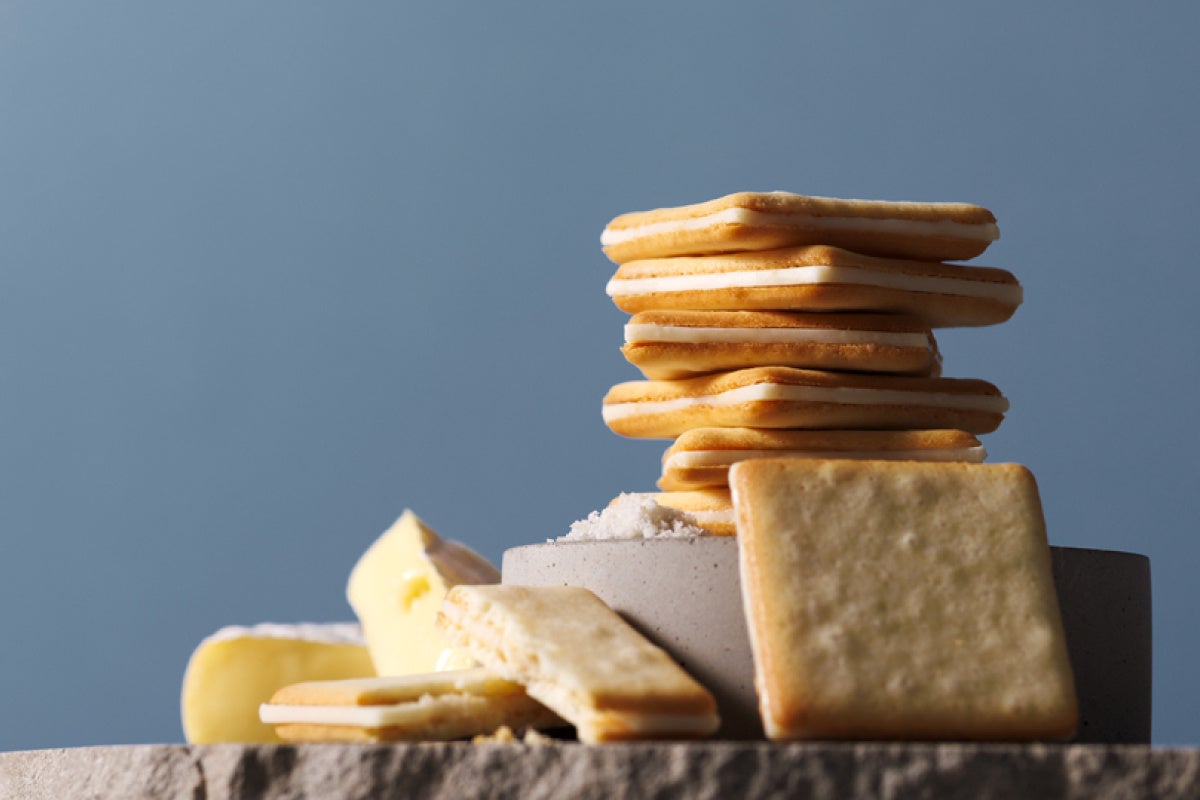 Classic cookie made with dough using Hokkaido milk and French Guerande salt, sandwiched with Camembert cheese chocolate (※). Contains 73% Camembert cheese. 6 pieces ¥1,080, 9 pieces ¥1,458, 18 pieces ¥2,916 (tax included).