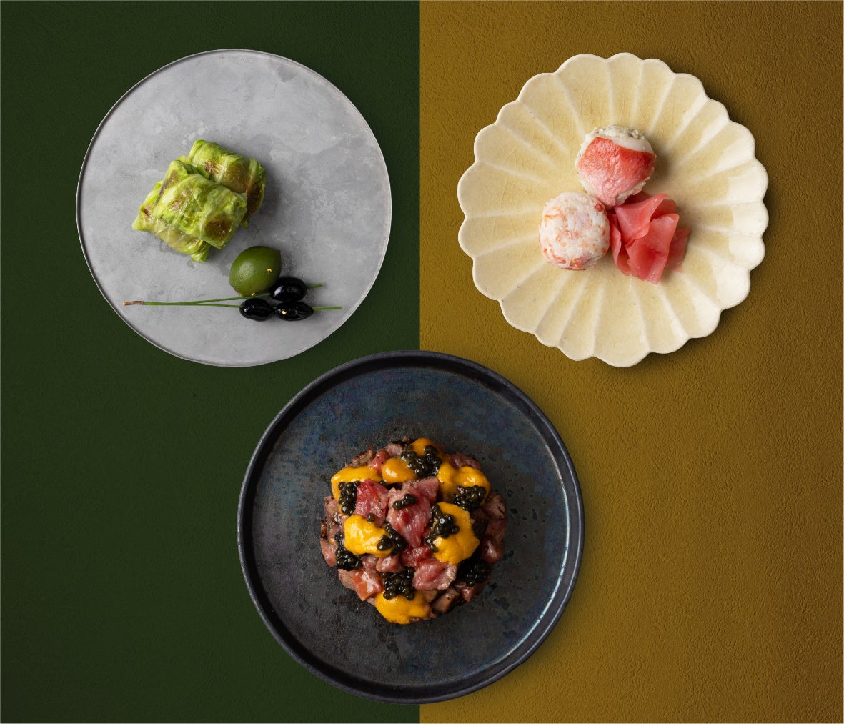 (Left) Silver Duck Roll Cabbage | (Center) Shinshu Premium Beef with Sea Urchin and Caviar Tartare | (Right) Kinmedai and Shinshu Mushrooms Mousse with Snow Crab Mousse