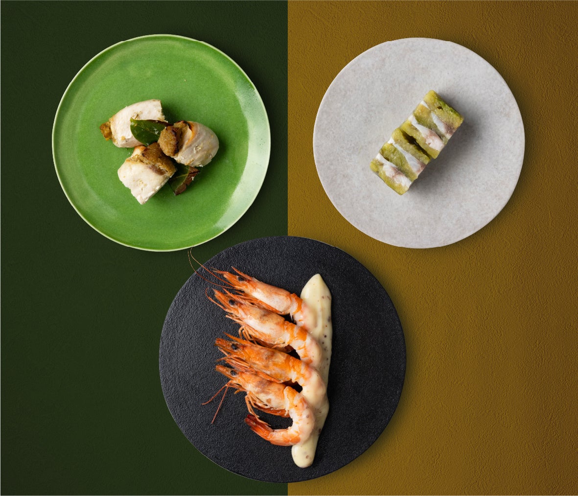 (Left) Bigeye Tuna Involtini | (Center) Natural Shrimp with Condensed Milk Mayo | (Right) Smoked Horse Mackerel and Grilled Eggplant Terrine