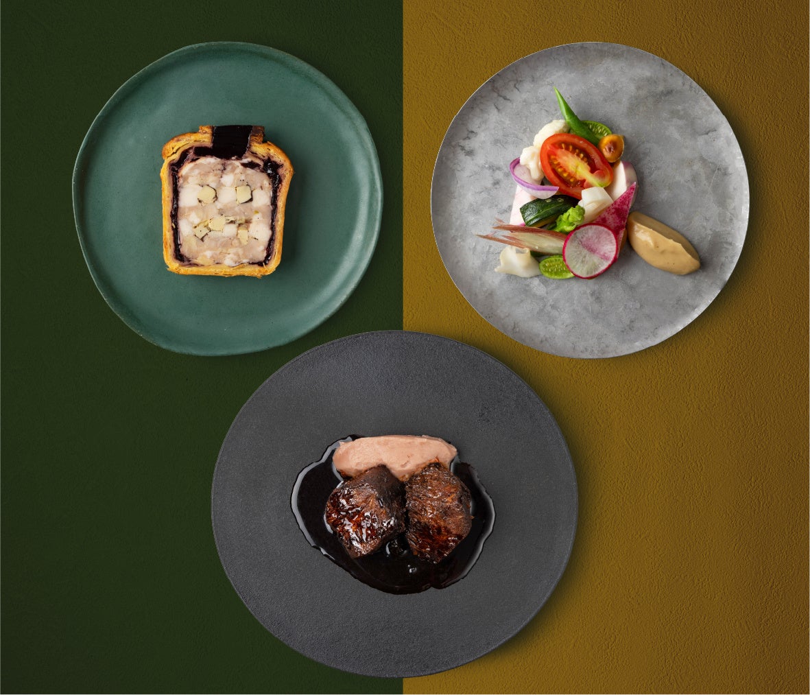 (Left) Tateshina Pork and Horo Horo Chicken Pâté en Croûte | (Center) Beef Cheek Stew with Merlot Sauce from FZ Farm | (Right) 15-vegetable Miso Bagna Cauda from Shinshu