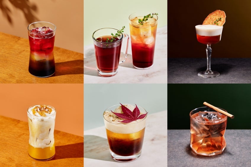 Image shows a variety of beverages including Espresso Rosso Tonic for ¥1,200 (tax included), Barrel Aged Pumpkin Spice Latte for ¥1,400 (tax included), and Kaga Bojicha Gelato & Tea for ¥1,400 (tax included). Also visible are Hot/Iced Earl Grey Autumn Tea for ¥1,100 (tax included) and Hot/Iced Tea for ¥1,100 (tax included). On the 3rd floor, Honeyed Pear Brew is available for ¥2,500 (tax included).