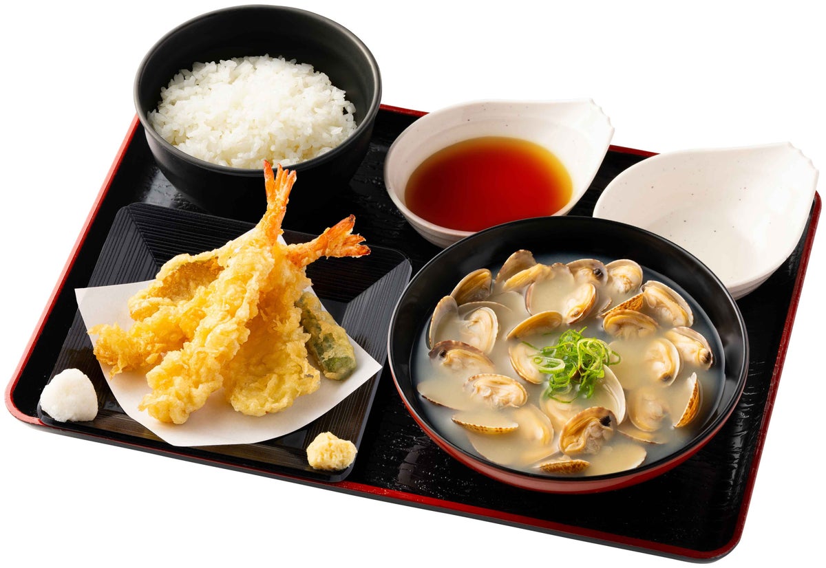 Limited Time New Menu: Shrimp Tempura Shellfish Set Meal with Large Shellfish Soup, Shrimp Tempura (2 shrimp, pumpkin, squid, okra), and Medium Rice — ¥1,139 (tax included)