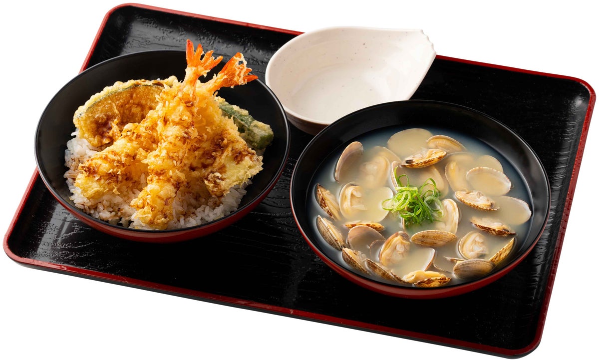 Limited Time New Menu: Shrimp Tempura Shellfish Bowl Set with Large Shellfish Soup, Shrimp Tempura (2 shrimp, pumpkin, squid, okra), and Medium Rice — ¥1,119 (tax included)