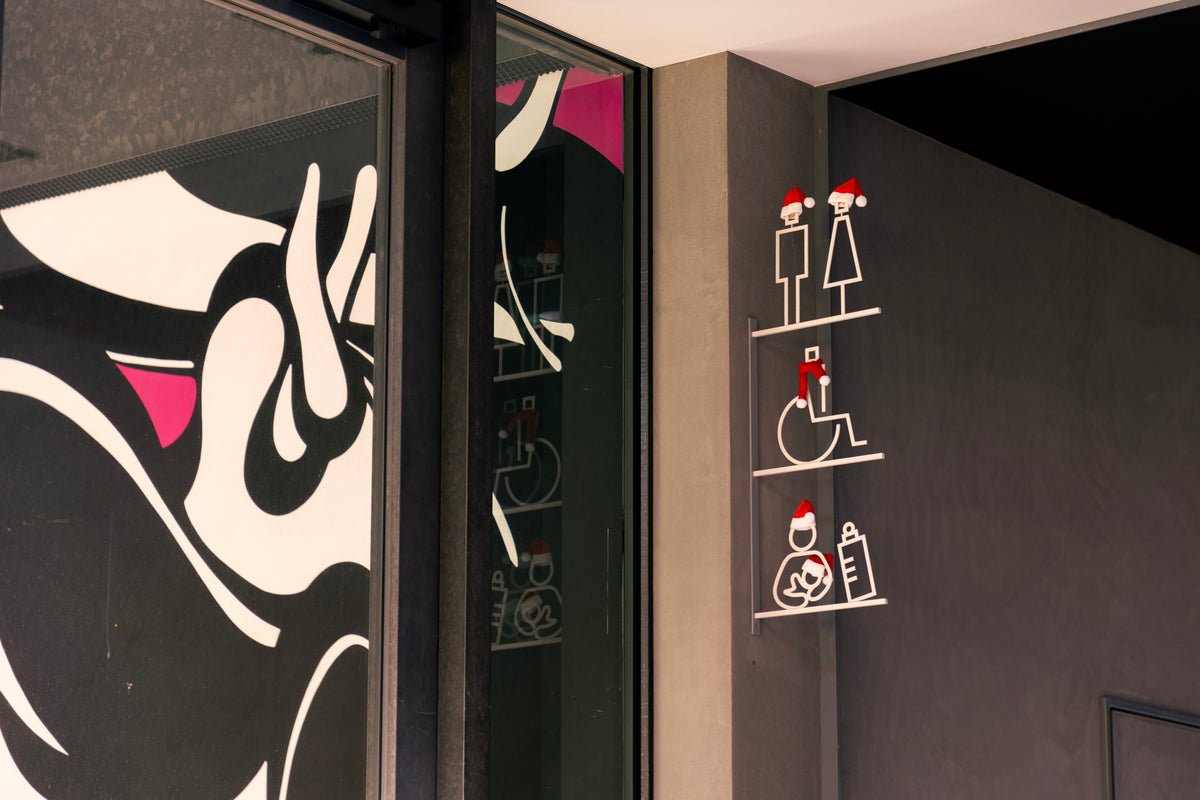 Restrooms decorated for Christmas