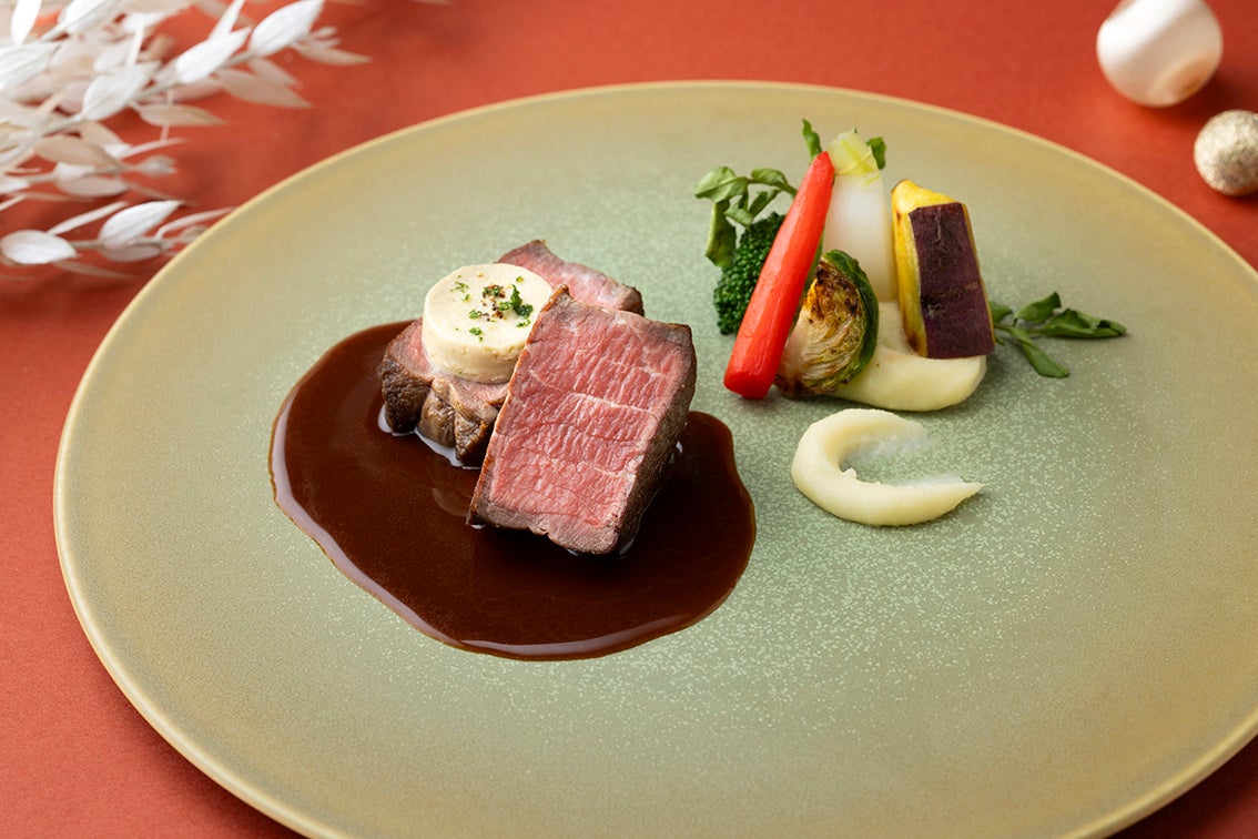 Beef Filet Steak and Foie Gras Butter with Red Wine Sauce, served with Mashed Potatoes and Colorful Vegetables