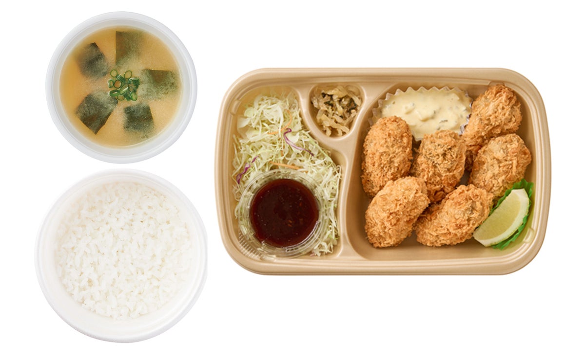 Takeout: Oysters Fry (6 pieces) with rice and miso soup — ¥1,420 (tax included)