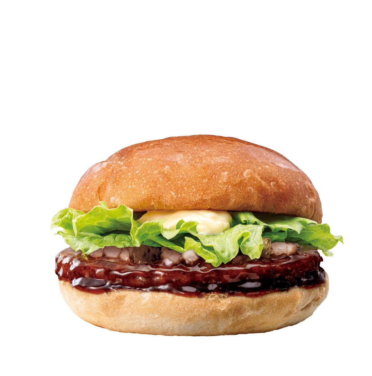 Enjoy the Teriyaki Beef Burger for ¥440 (tax included). It features a 100% beef patty coated in a rich, specially made teriyaki sauce that uses two types of soy sauce, with added fresh apple and aged black garlic from Aomori for a deep flavor. A tangy relish adds a bright accent.