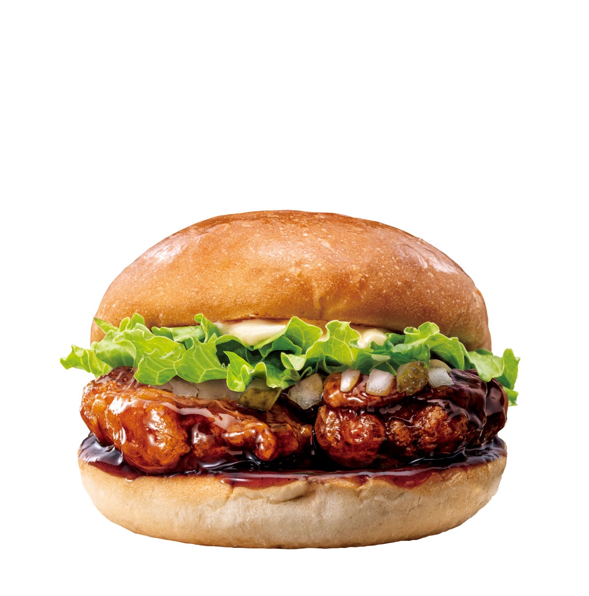 Savor the Teriyaki Chicken Burger for ¥440 (tax included). Crispy, juicy chicken is coated in a sweet and spicy teriyaki sauce, with fresh lettuce and relish, all held together by a soft, smooth bun for a delicious bite.