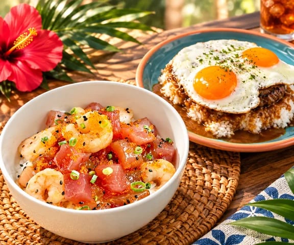 Store Name: POKE BOO DINER — Enjoy authentic Hawaiian local food casually at POKE BOO DINER. Serving poke bowls with fresh Okinawan raw tuna, juicy loco moco, garlic shrimp, ahi steak, and kalua pork, all familiar Hawaiian dishes. The open Hawaiian-style interior makes you feel like you're visiting Hawaii with family or friends, enjoying authentic Hawaiian food.