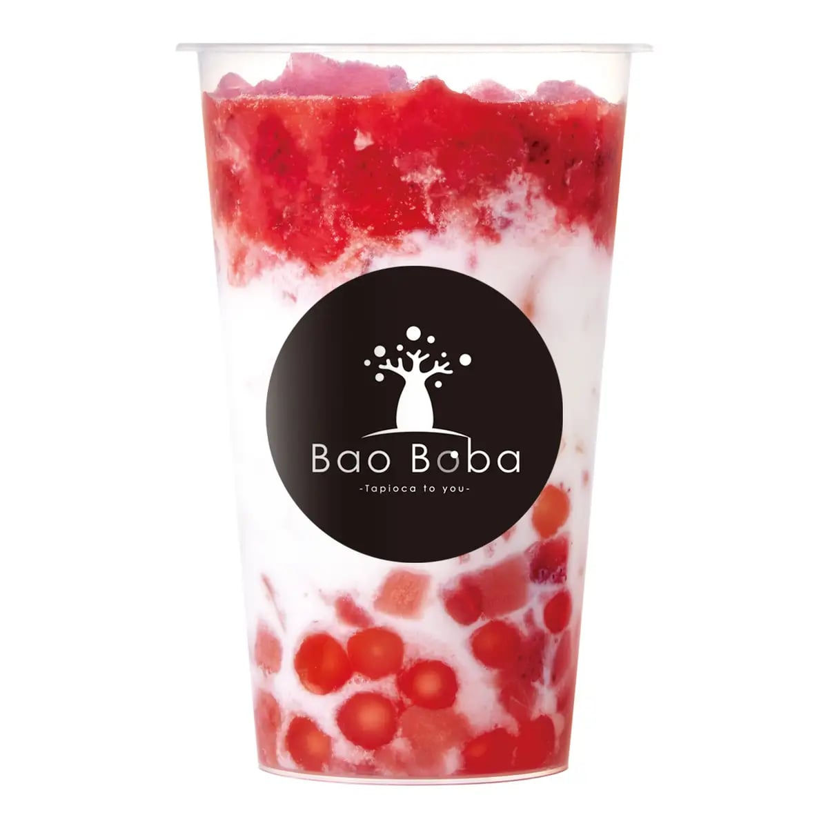 Strawberry-flavored tapioca pearls topped with generous strawberry chunks, finished with a creamy latte for a fruity, indulgent treat. Tapioca Double Strawberry Latte — Regular ¥750 (tax included).