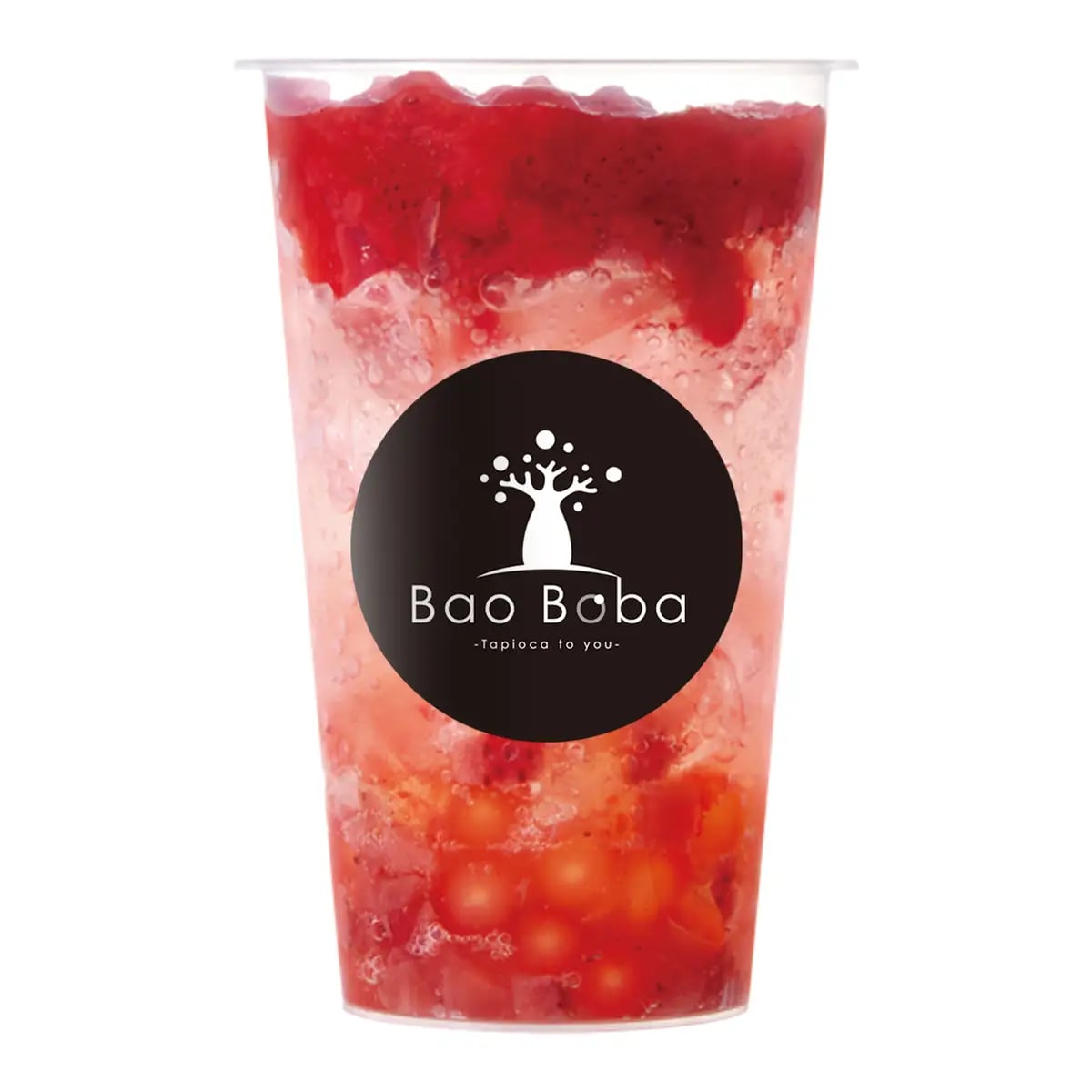 Strawberry tapioca pearls with juicy strawberry pieces in a refreshing soda, finished with the crisp lift of 7-Up. Tapioca Double Strawberry Soda — Regular ¥750 (tax included).